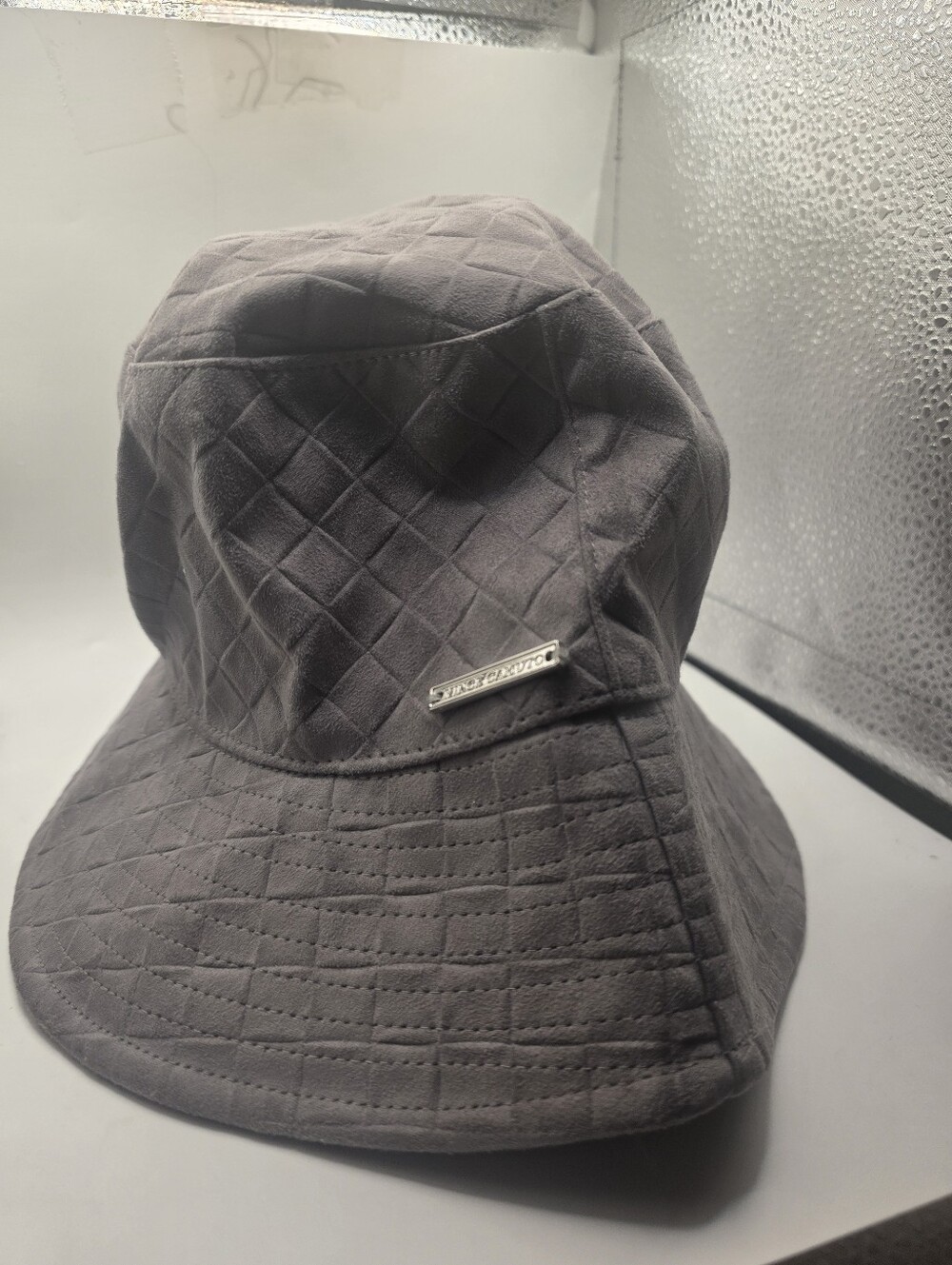 Vince Camuto Taupe Grey Faux Suede Quilted Diamond Bucket Hat Metal Logo Badge